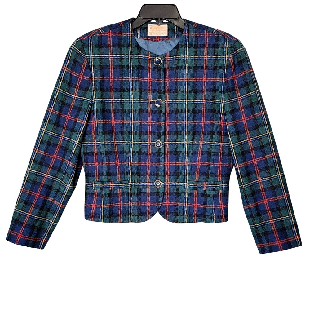 Pendleton Blazer Women 10 Blue Green Plaid Wool Collarless Vintage Tartan Jacket